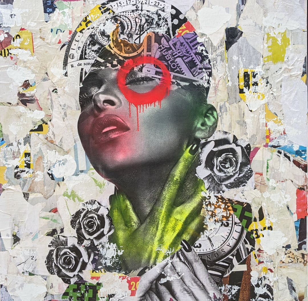 48" x 48" Acrylic paint, spray paint, wheat-paste, vintage advertisements, printed fragments on canvas. Woman&