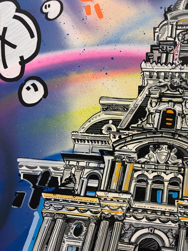 Angled close-up detail of "Greatest City" acrylic graffiti painting by Pappay, showing Philadelphia City Hall&
