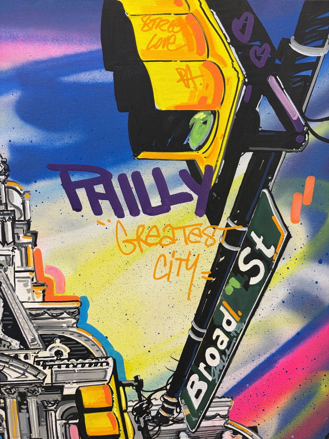 Angled close-up detail of "Greatest City" acrylic graffiti painting by Pappay, showing a hand-painted traffic light and Broad Street sign with graffiti text
