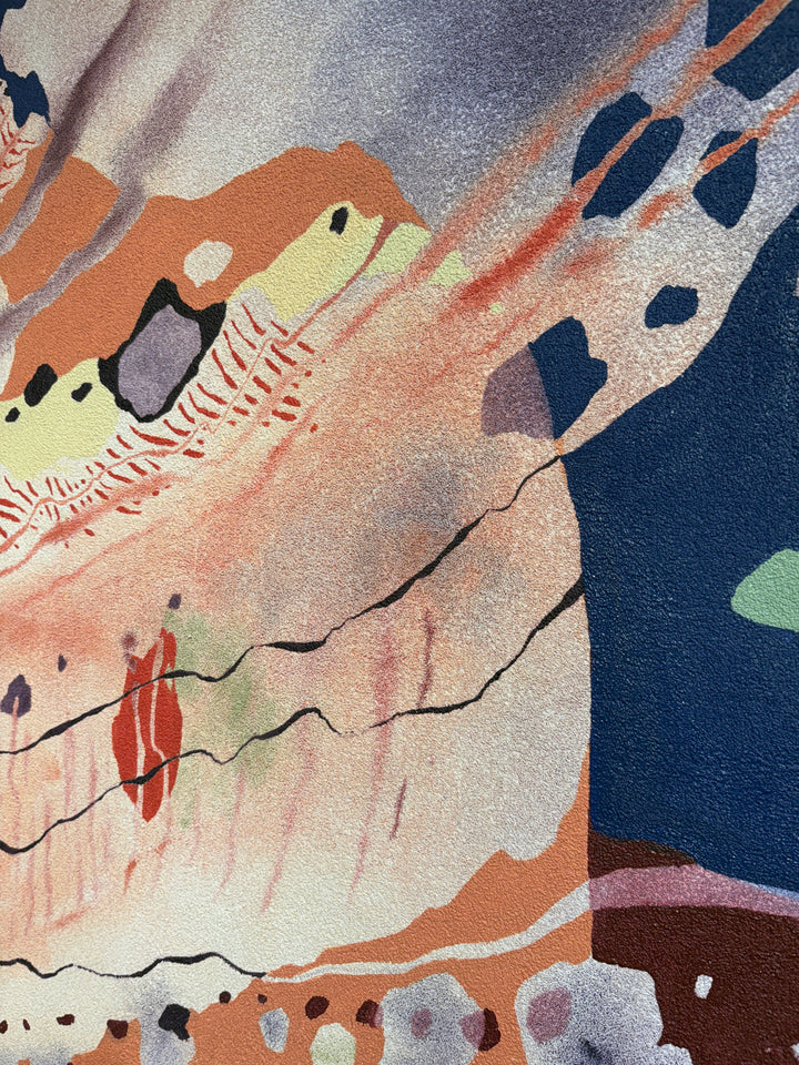 pumice primed canvas textured with rough rock surface in oil paint creating abstract paintings inspired by natural patterns in nature organic shapes gradient background opaque color blocking line work weight  sea shell in pink peach tones by local artist Erin Touey