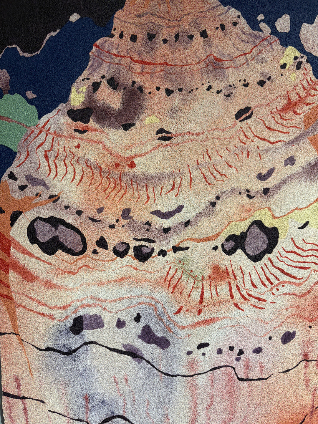 pumice primed canvas textured with rough rock surface in oil paint creating abstract paintings inspired by natural patterns in nature organic shapes gradient background opaque color blocking line work weight  sea shell in pink peach tones by local artist Erin Touey