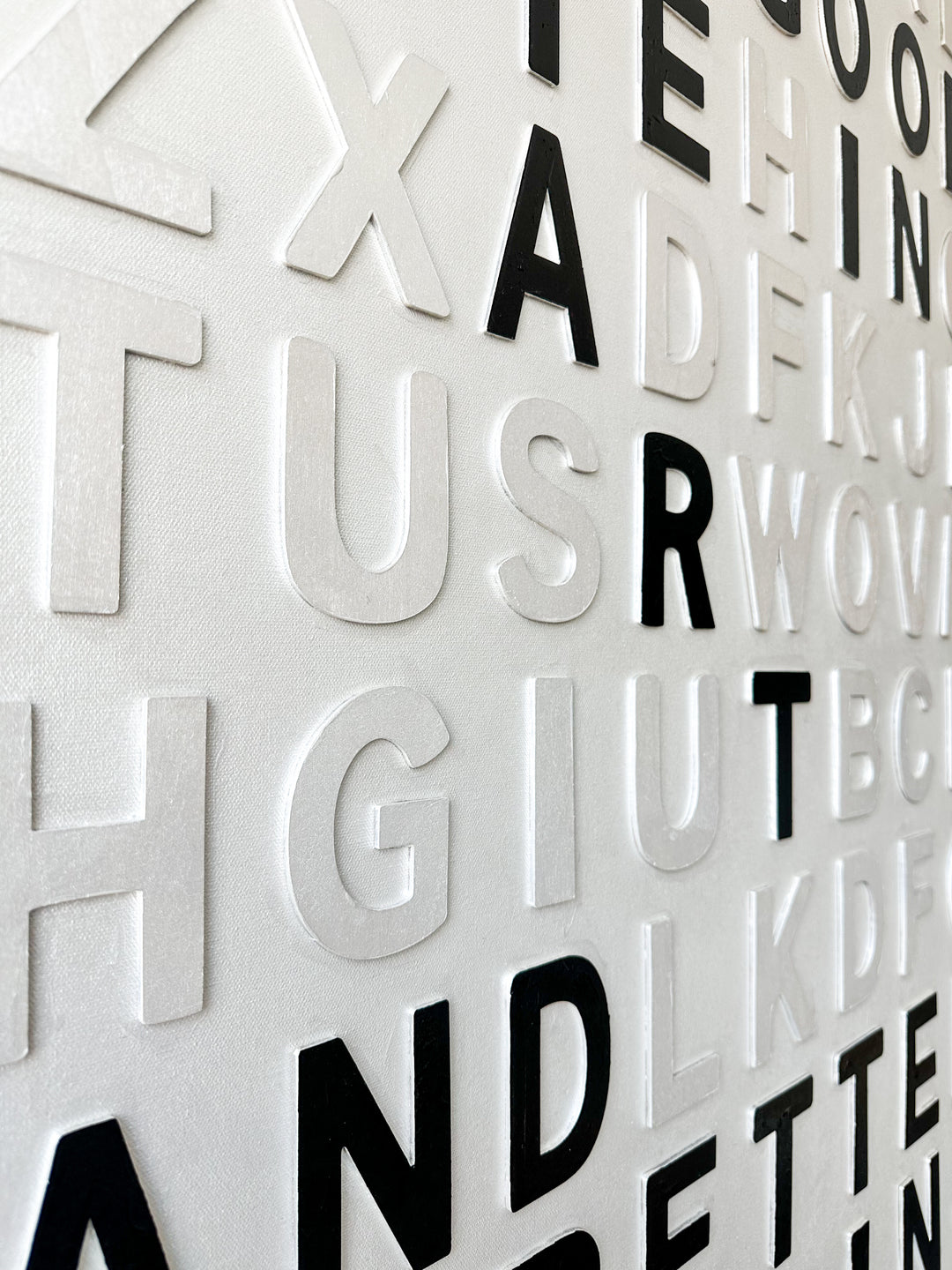 Steffanie Gerkin Have Good Taste White 3D, a contemporary mixed-media text artwork made with wood and acrylic on canvas, featuring raised black and white letters in a bold typographic composition.
