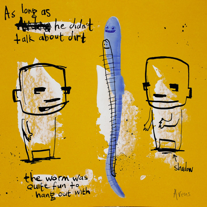 Comic doodle illustration in ink with blue worm on yellow background line drawing figures funny humor  