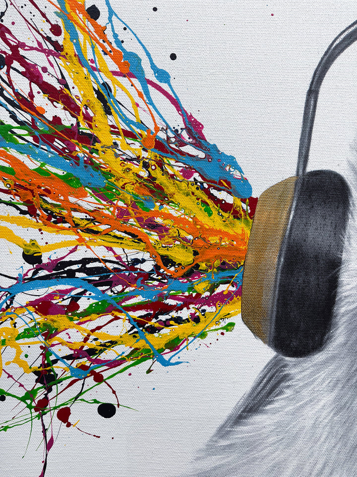 Happy Fluffy Funky Beats by Ashvin Harrison, fluffy baby bird with headphones, colorful splattered paint and coconut charcoal