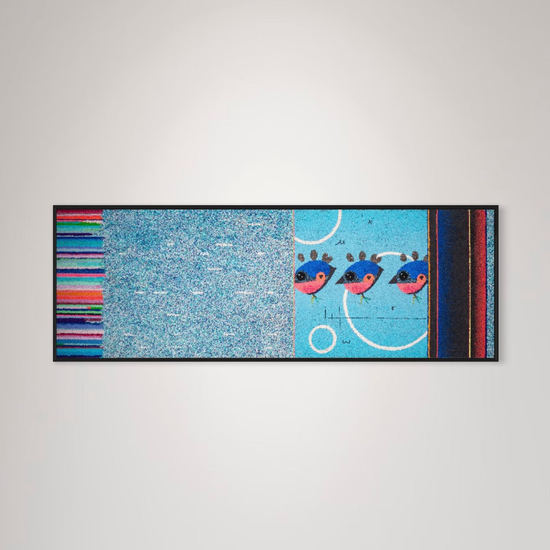 Blue and pink pigmented crushed volcanic rock art featuring birds and stripes, by Bob Landstrom, 21 x 61", wide horizontal art