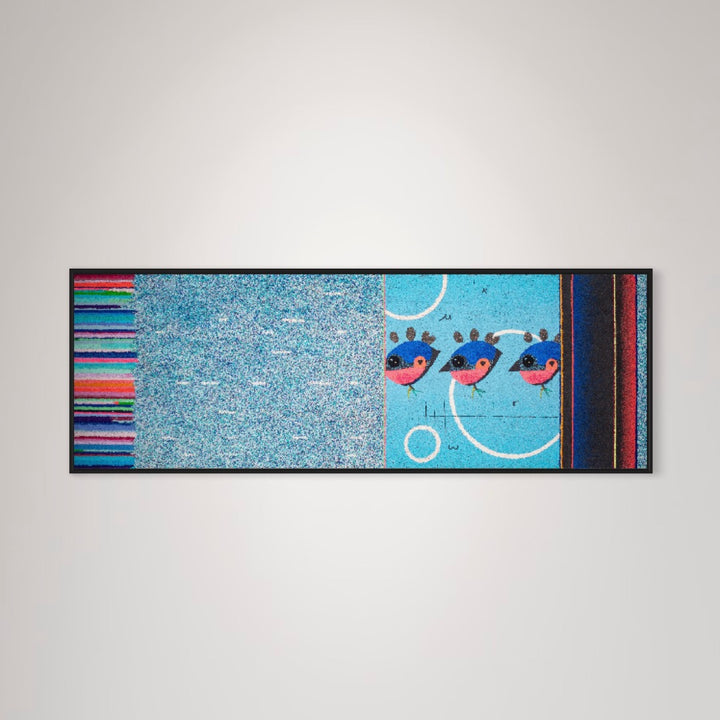 Blue and pink pigmented crushed volcanic rock art featuring birds and stripes, by Bob Landstrom, 21 x 61", wide horizontal art