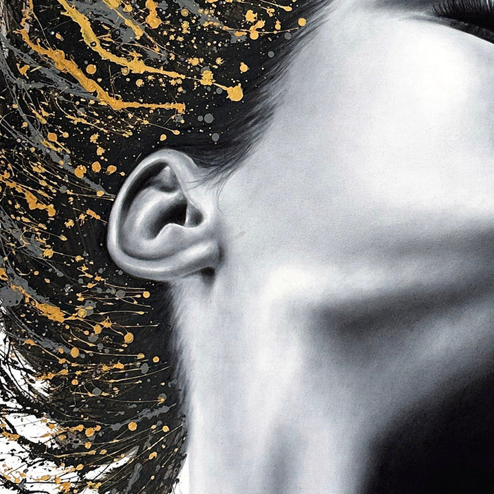 Woman flipping her hair, as golden and black paint splattered, high contrast painting