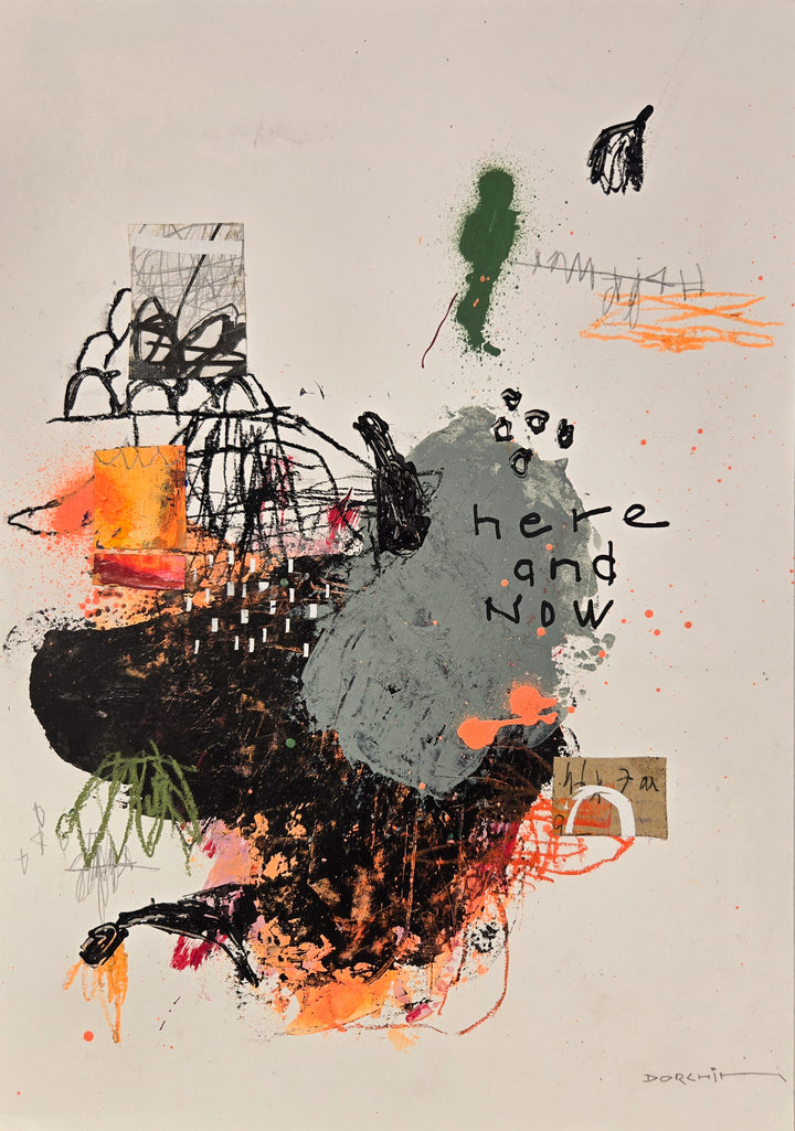 Abstract mixed media artwork on paper by Laurent Dorchin in black, pink, orange, green and white. Organic linework and minimal illustrations with collage and text elements.