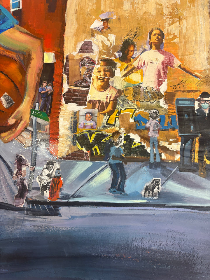 young black boy with basketball in street cityscape philadelphia keith andrews mixed media collage painting retro logos magazine clipping paper and acrylic