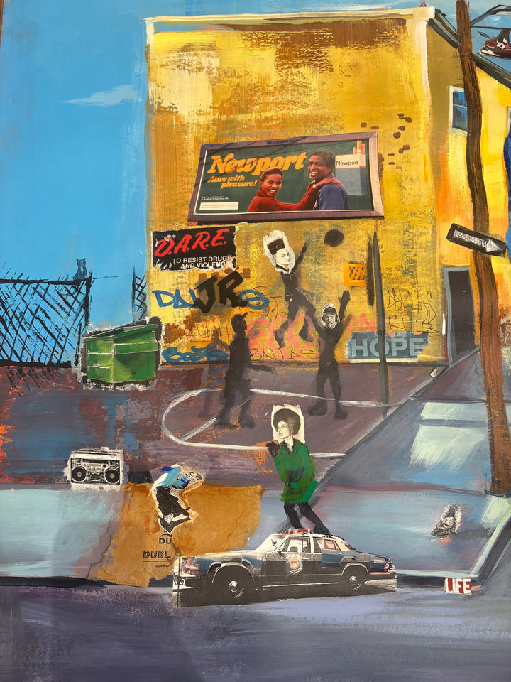 young black boy with basketball in street cityscape philadelphia keith andrews mixed media collage painting retro logos magazine clipping paper and acrylic