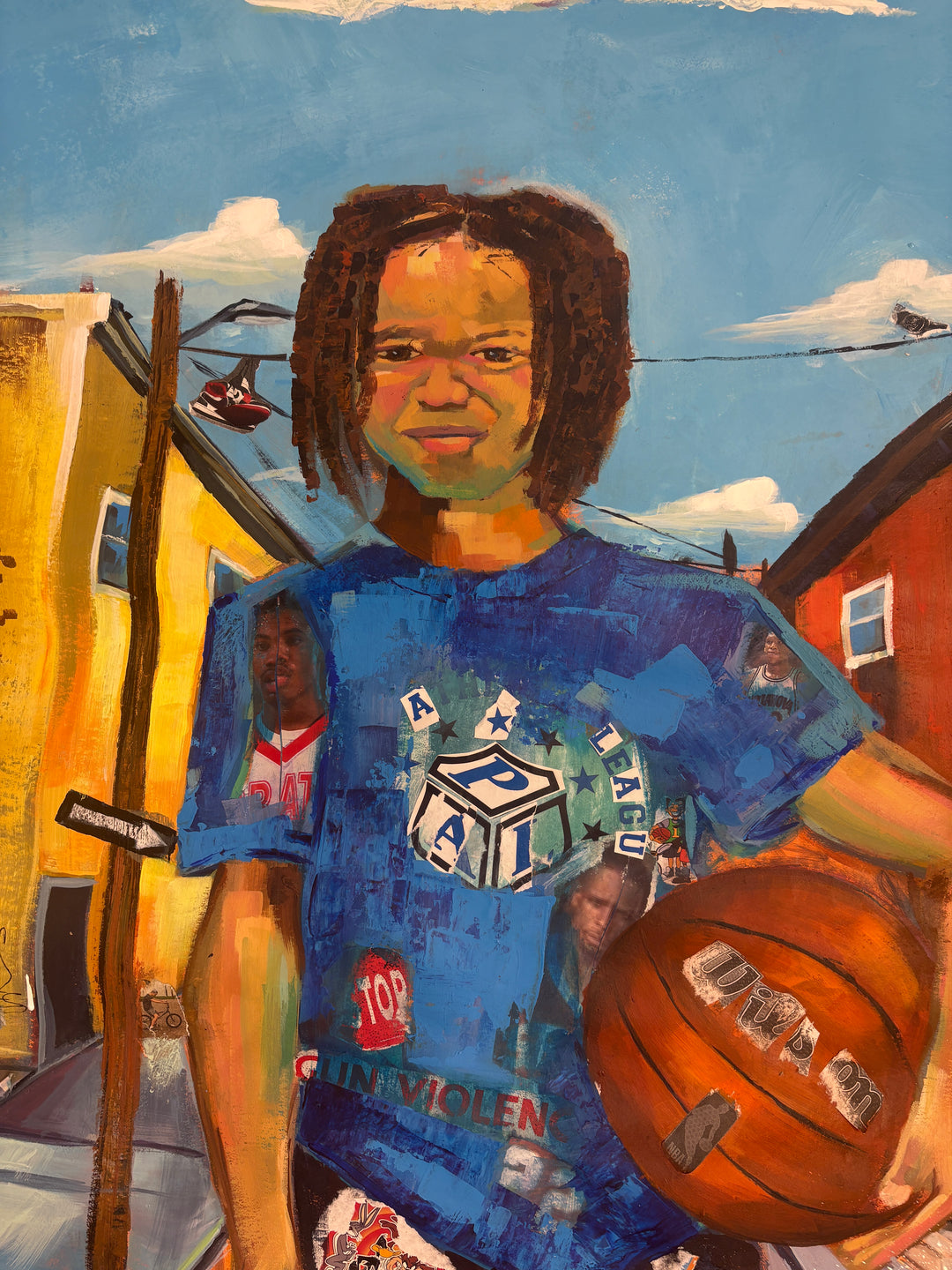 young black boy with basketball in street cityscape philadelphia keith andrews mixed media collage painting retro logos magazine clipping paper and acrylic