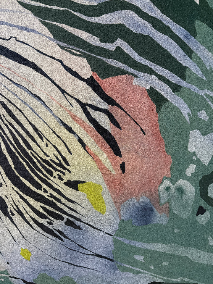pumice primed canvas textured with rough rock surface in oil paint creating abstract paintings inspired by natural patterns in nature organic shapes gradient background opaque color blocking line work weight  green blue tones create fingerprint pattern identity with pops of red throughout  by local artist Erin Touey