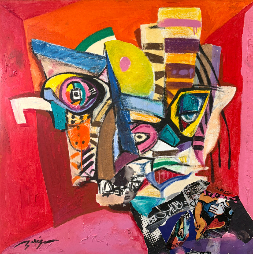 abstract portrait collage eyes bright colors and shapes with ed pink green yellow blue
