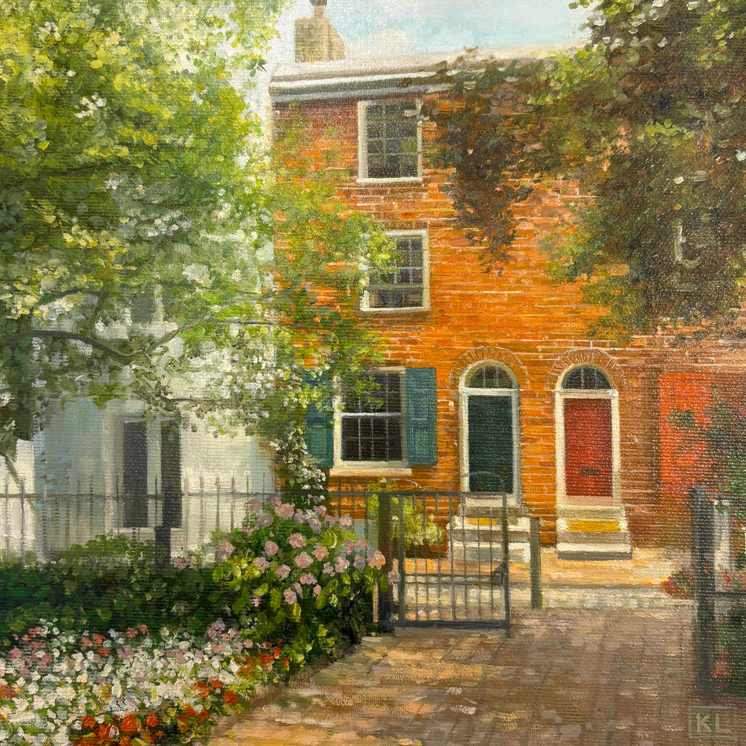 Oil painting of a historic brick row home with flowers in the front yard and green trees