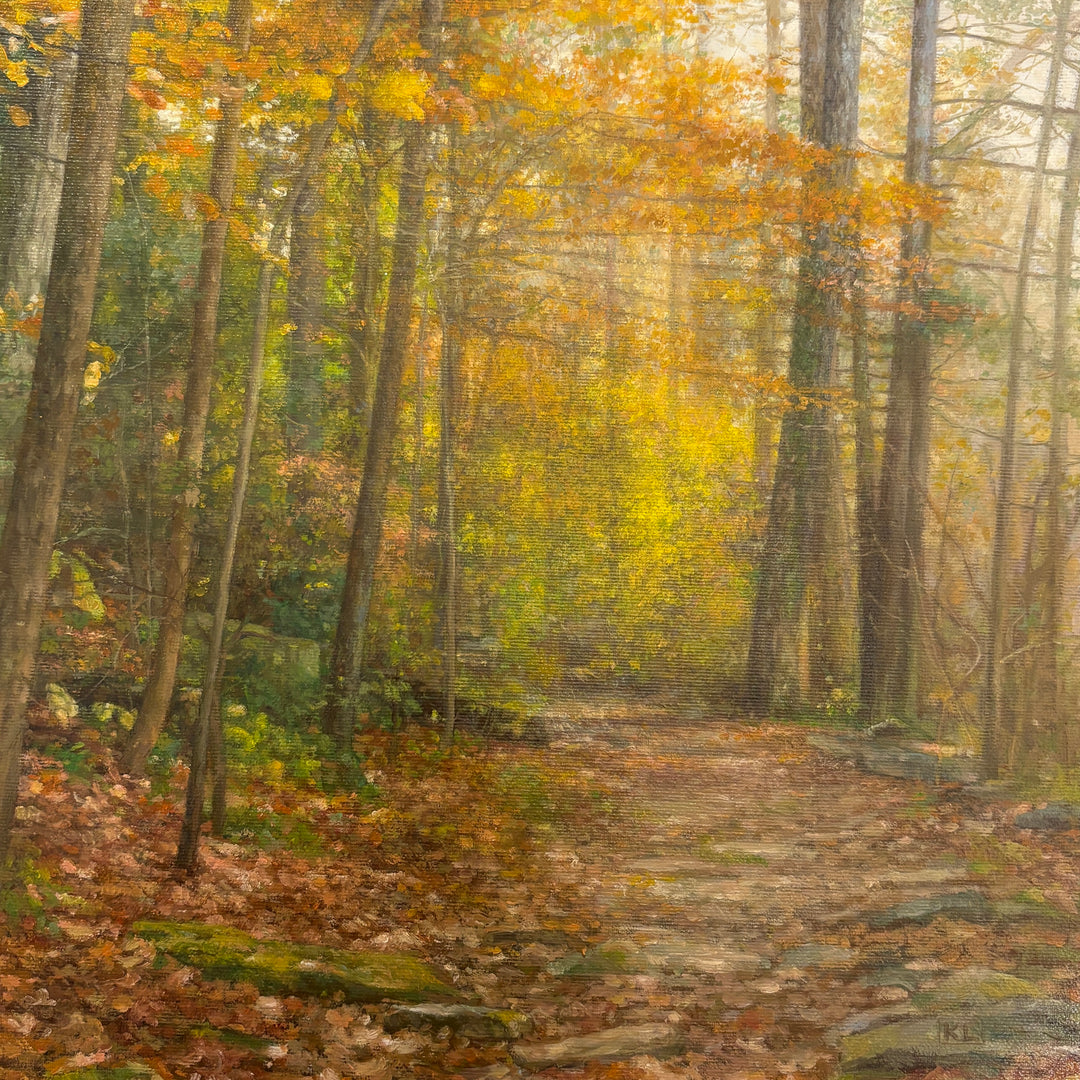 Oil painting of a walking trail in the woods during the fall, trees are turing from green to yellow