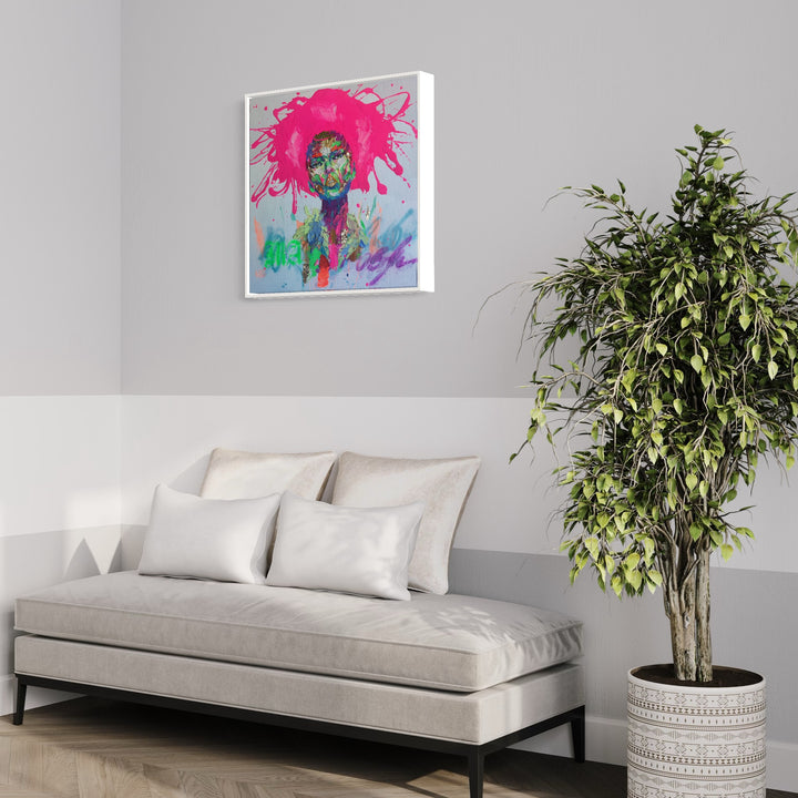 front facing portrait of woman with pink splattered paint hair and skin made of green red blue yellow purple and pink in impasto thick acrylic with details of gold foil and gestural marks of color at bottom of canvas on white background