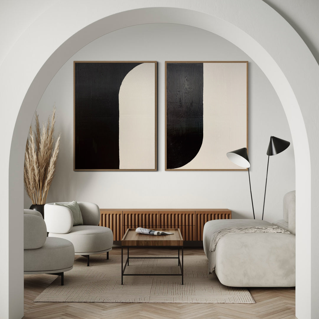 Yin + Yang by Lee in Cerulean. Diptych of textured paint in vertical lines, featuring white and black opposite arch shapes as yin &amp; yang.