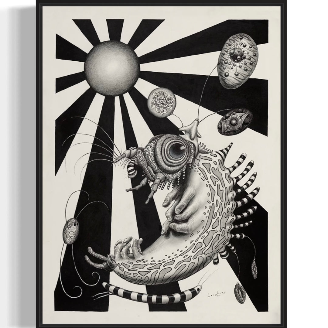 surreal creature doodles and black and white shapes lines sphere on paper