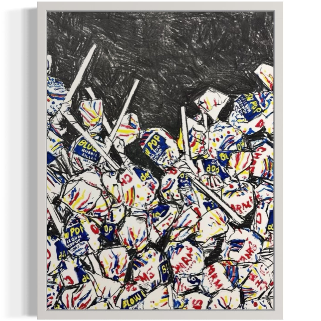 blow pop lollipops piled at bottom of composition in red yellow and blue with charcoal dark at top scribbled and doodle