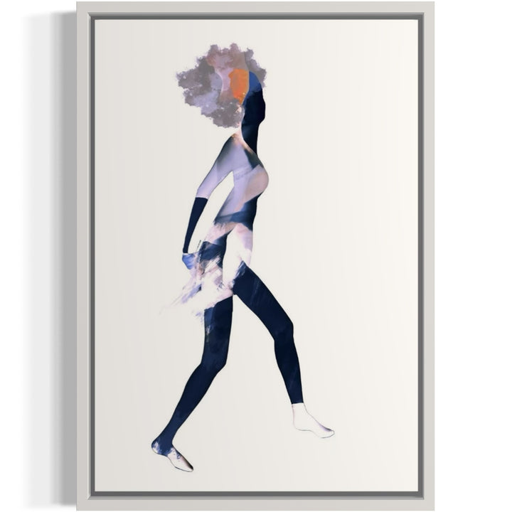figure woman silhouette abstract collage moving across background white minimal