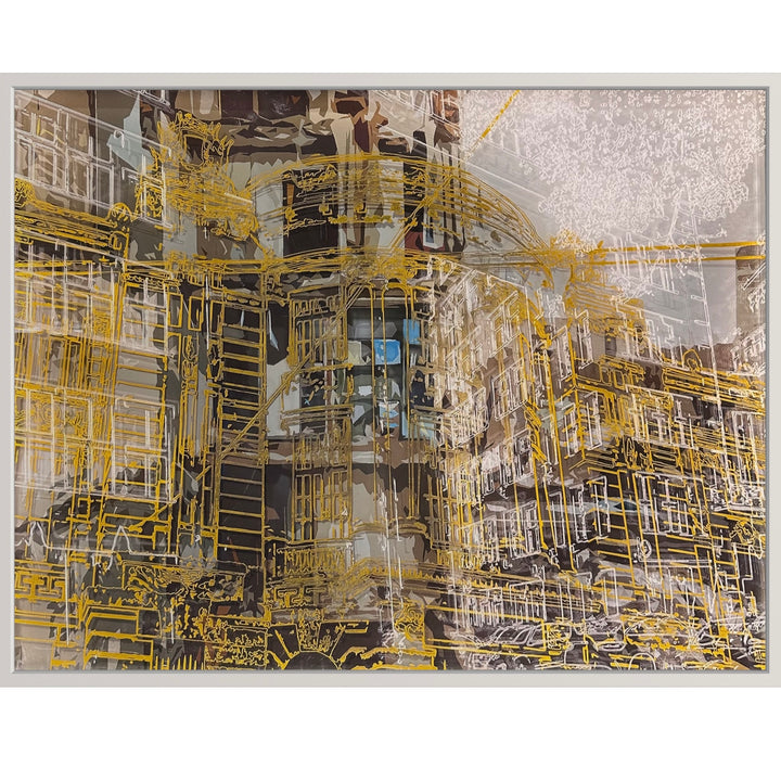detailed brown and beige painting of architectural building and line drawing doodle on top in white and yellow