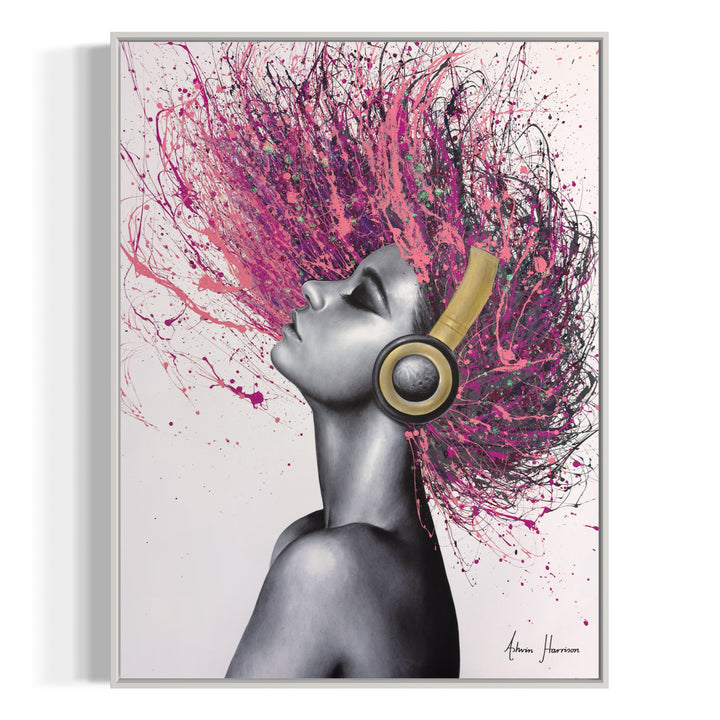 woman profile side view portrait in black and white with hair flipping back with pink acrylic splashes and glitter moon headphones acrylic paint expressionism