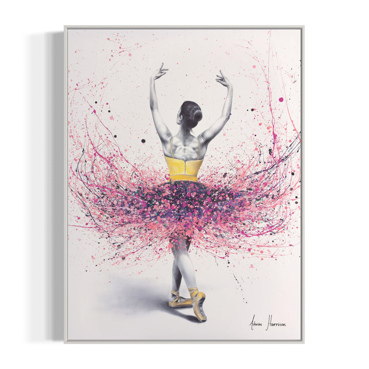 turning ballerina woman female figure in black and white wearing paint splatter acrylic tutu in pink and purple on white background