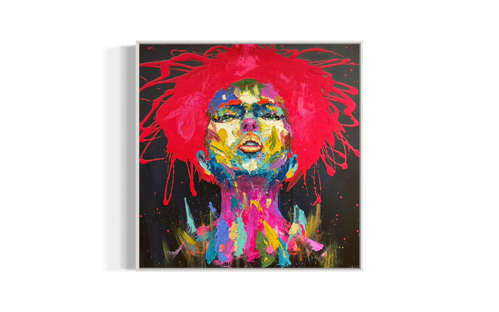 Front facing portrait of woman looking upwards slightly in thick gestural abstract brush stroked in multi color and gold foil with red splattered hair on black background