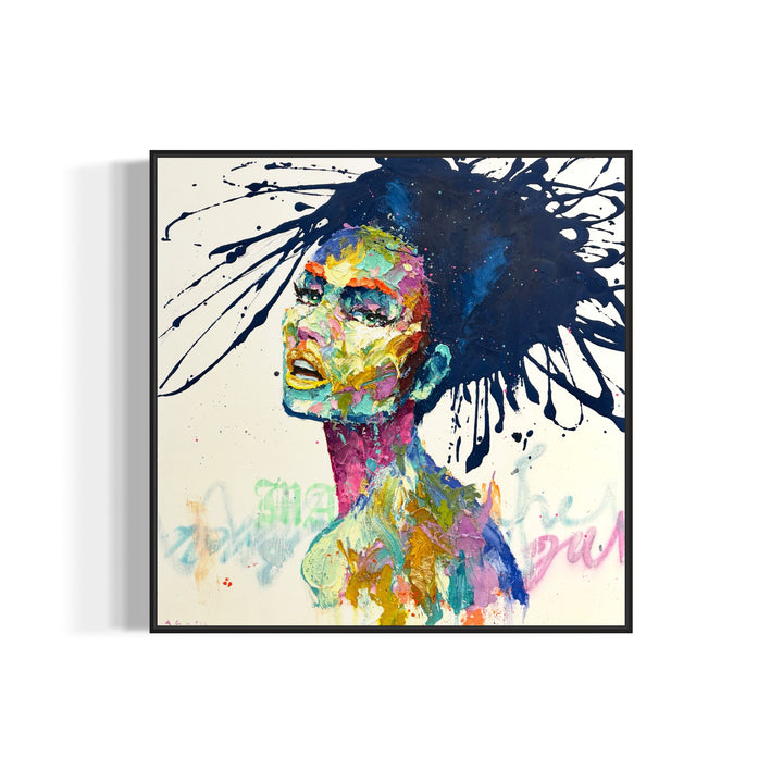 side profile portrait woman face painted thick and expressionistically with many colors blue hair splattered and text spray painted stencil on white background