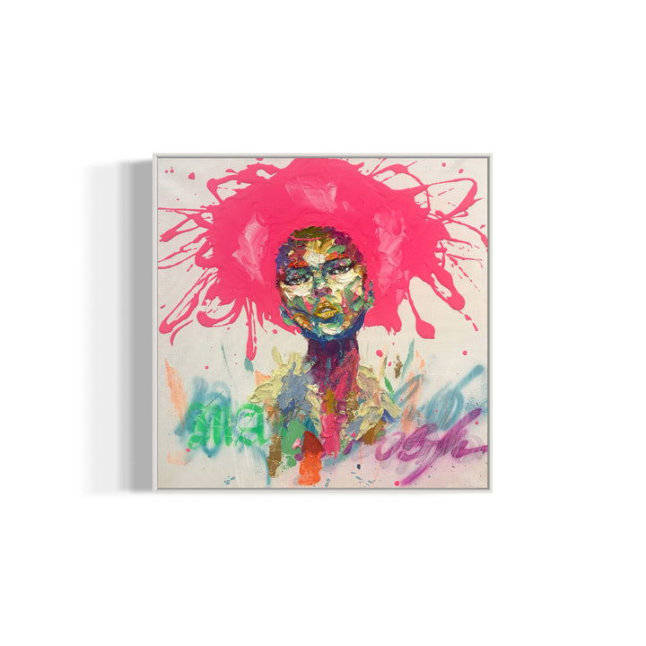 front facing portrait of woman with pink splattered paint hair and skin made of green red blue yellow purple and pink in impasto thick acrylic with details of gold foil and gestural marks of color at bottom of canvas on white background