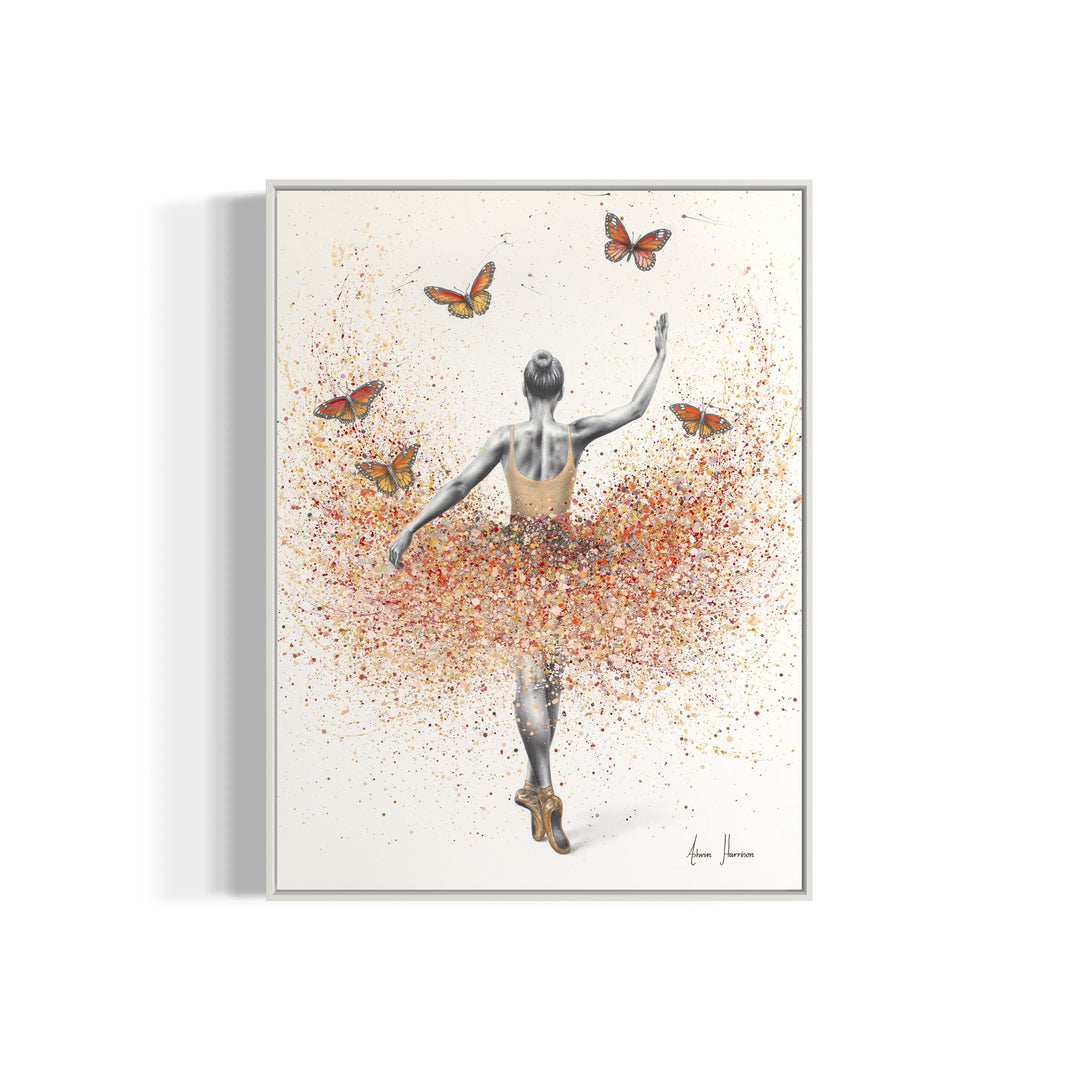 ballerina figure woman in black and white wearing orange dress with orange splatter paint tutu and orange monarch butterflies on white background