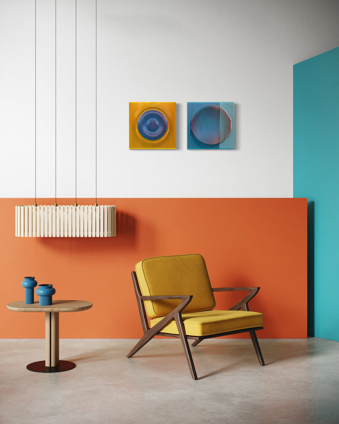 vertical stripes plexiglass abstract geometric with yellow and orange in back and pulsing round circular middle in blue when viewed at angle mostly red