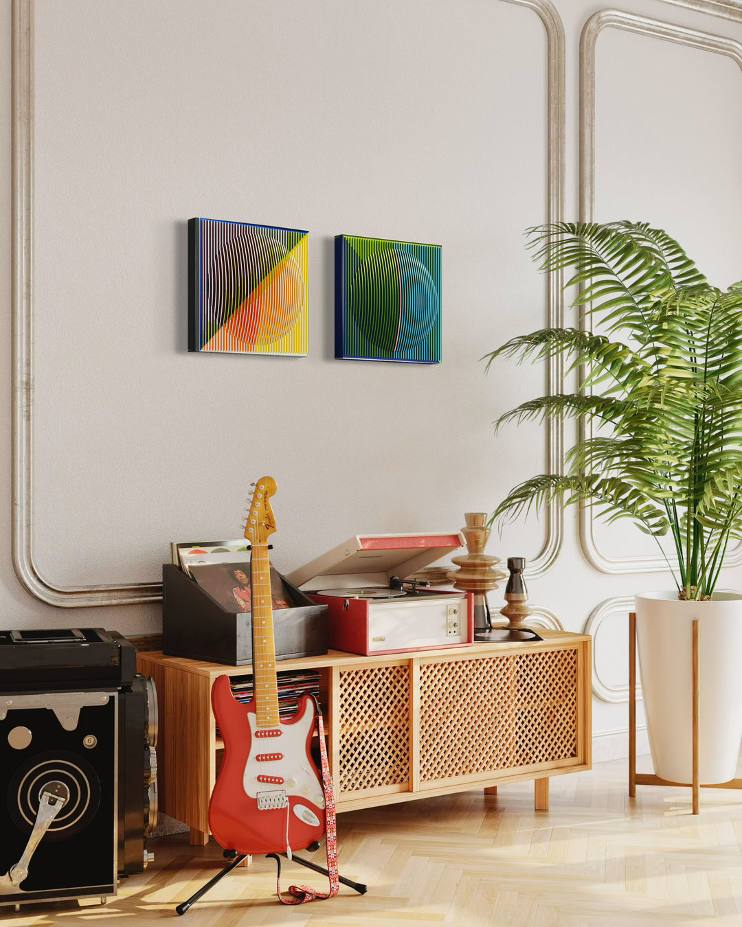 optical illusion line art sculptural plexiglass and acrylic abstract geometric wall hanging in orange pink blue and green with vertical stripes