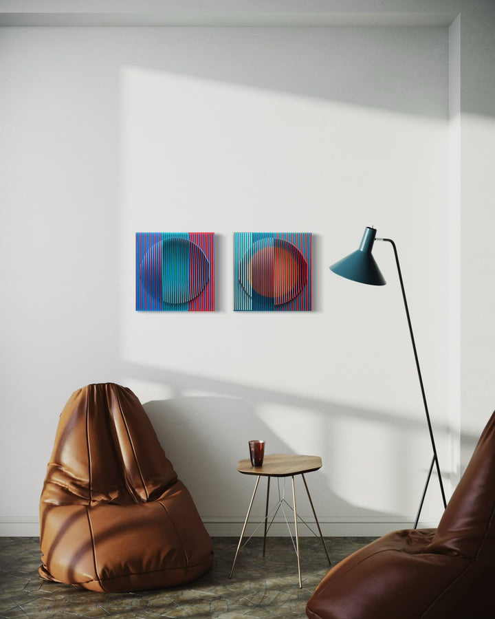 vertical stripes in three sections of color purple blue red optical mixing illusion concave convex sculptural abstract geometric modern