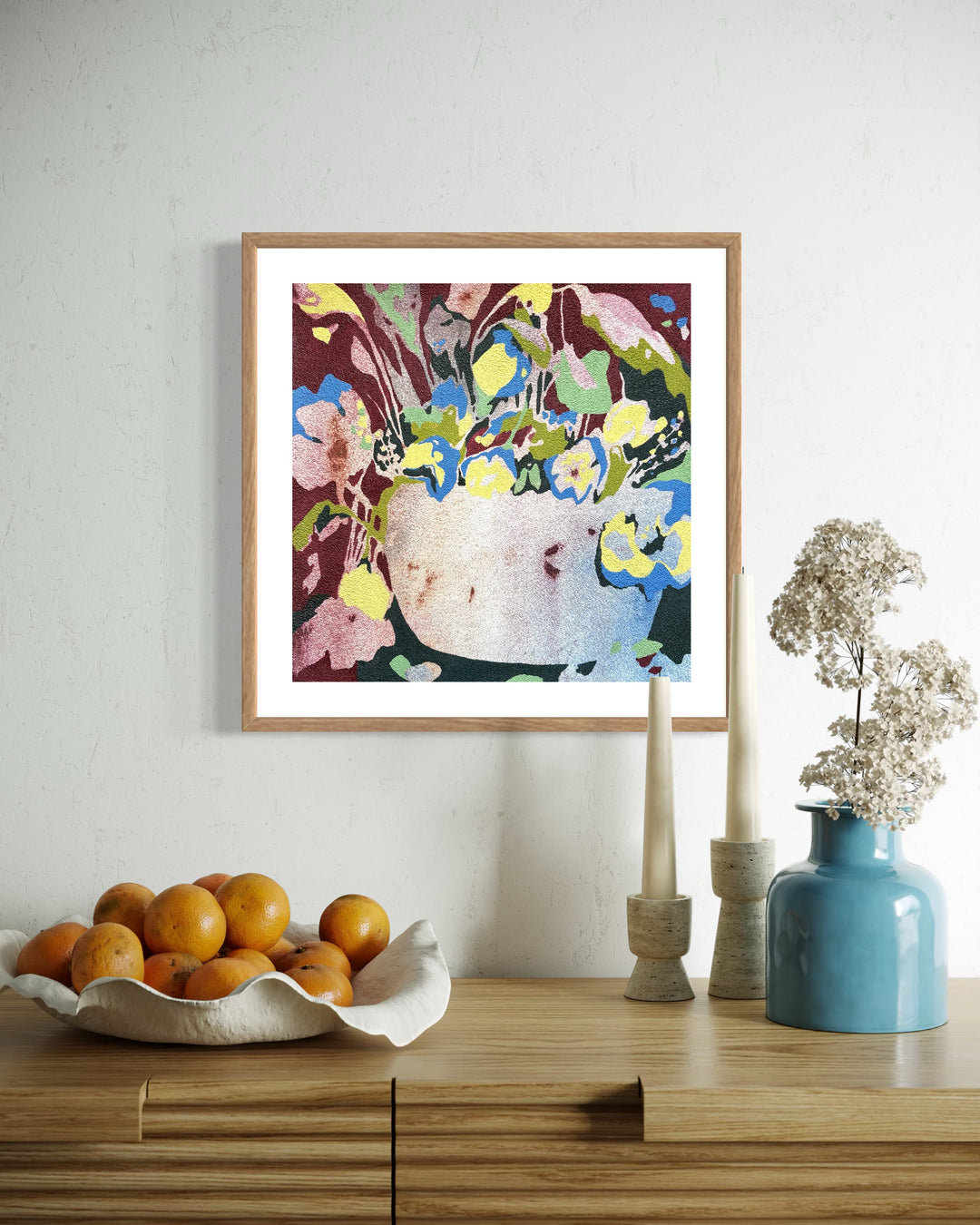 abstract floral still life oil painting in pumice textured surface in blue maroon green and yellow negative space organic shapes leaves shadows