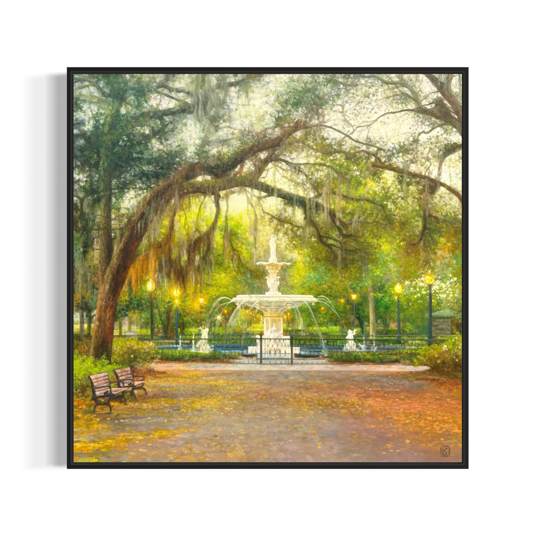 Park landscape scenery with fountain water benches over hanging trees fall foliage in green and orange in relaism oil