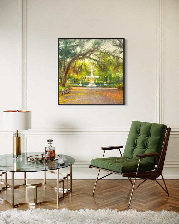 Park landscape scenery with fountain water benches over hanging trees fall foliage in green and orange in relaism oil