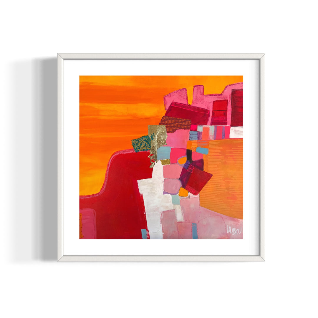 orange and pink abstract collage with paint marker fabric gold leaf foil graphite acrylic stacked shapes 