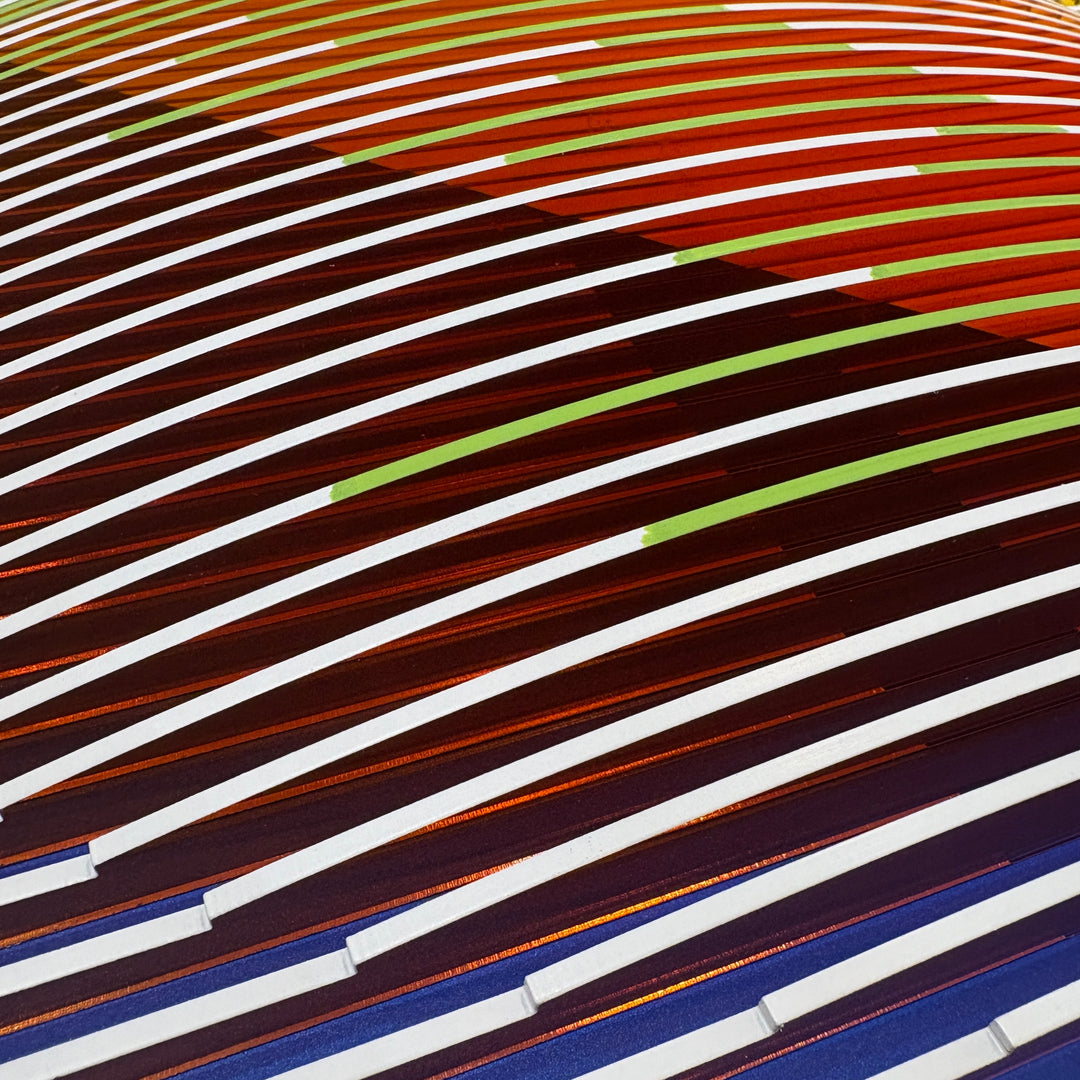 optical illusion line art sculptural plexiglass and acrylic abstract geometric wall hanging in orange pink blue and green with vertical stripes