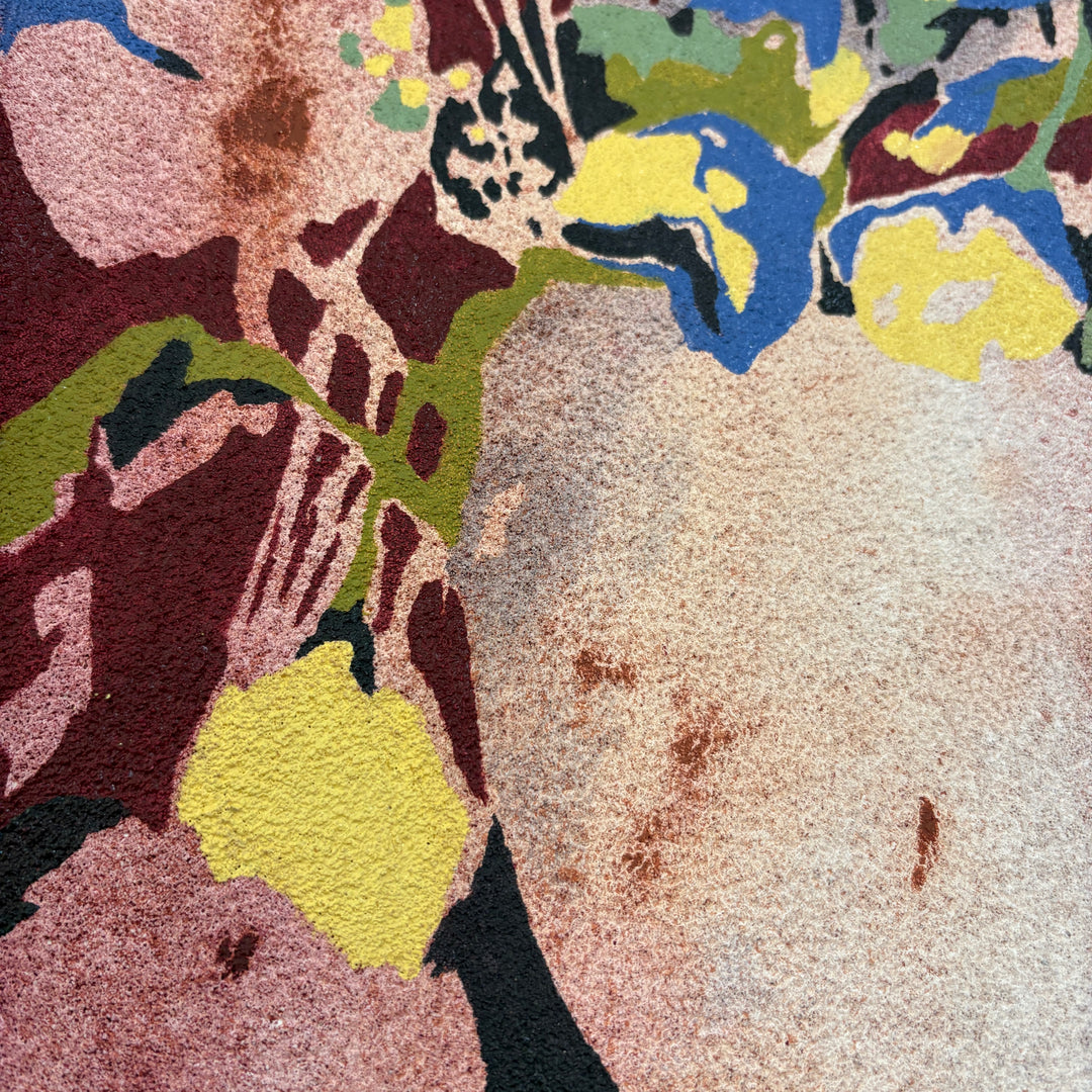 abstract floral still life oil painting in pumice textured surface in blue maroon green and yellow negative space organic shapes leaves shadows