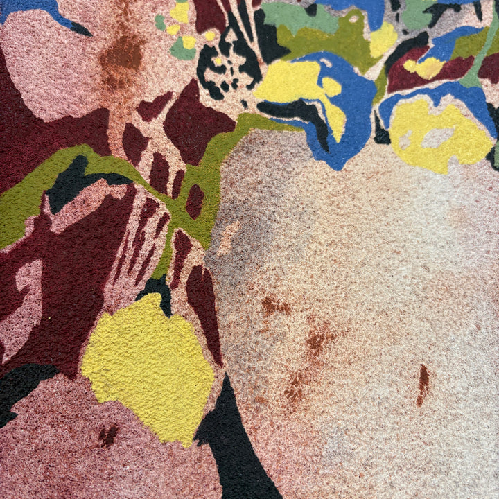 abstract floral still life oil painting in pumice textured surface in blue maroon green and yellow negative space organic shapes leaves shadows