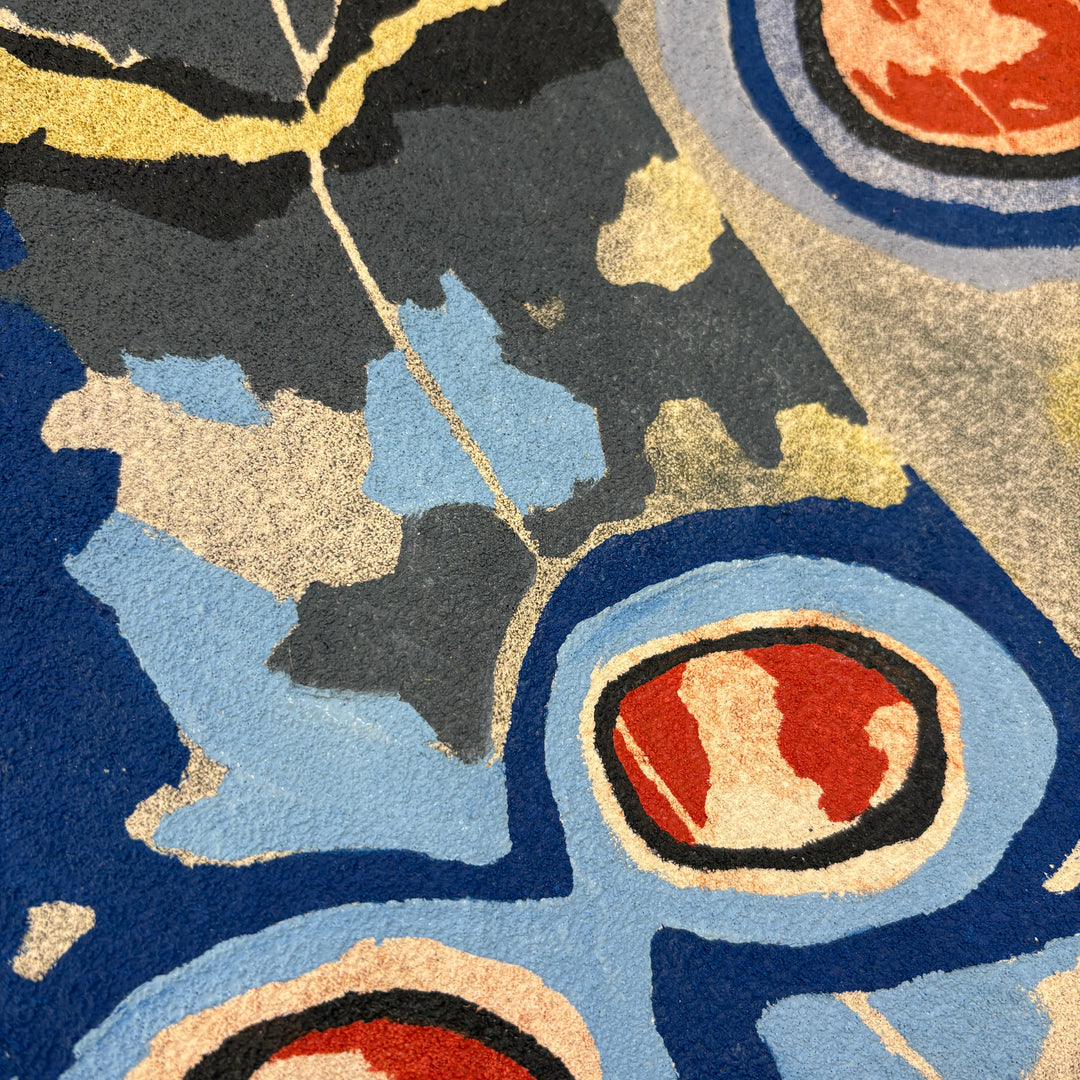 close up abstract detail butterfly wing in blue and orange with gradients of green varying line weight and organic shapes on pumice textured surface