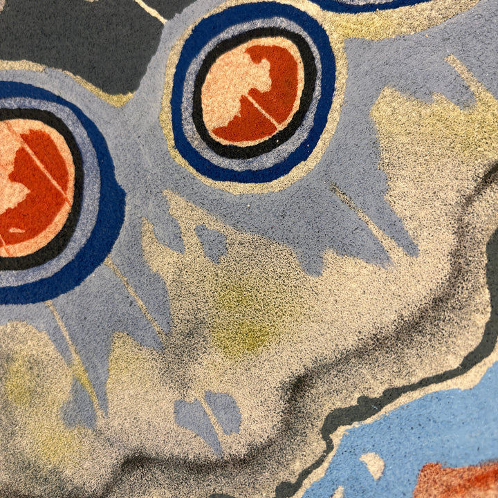 close up abstract detail butterfly wing in blue and orange with gradients of green varying line weight and organic shapes on pumice textured surface
