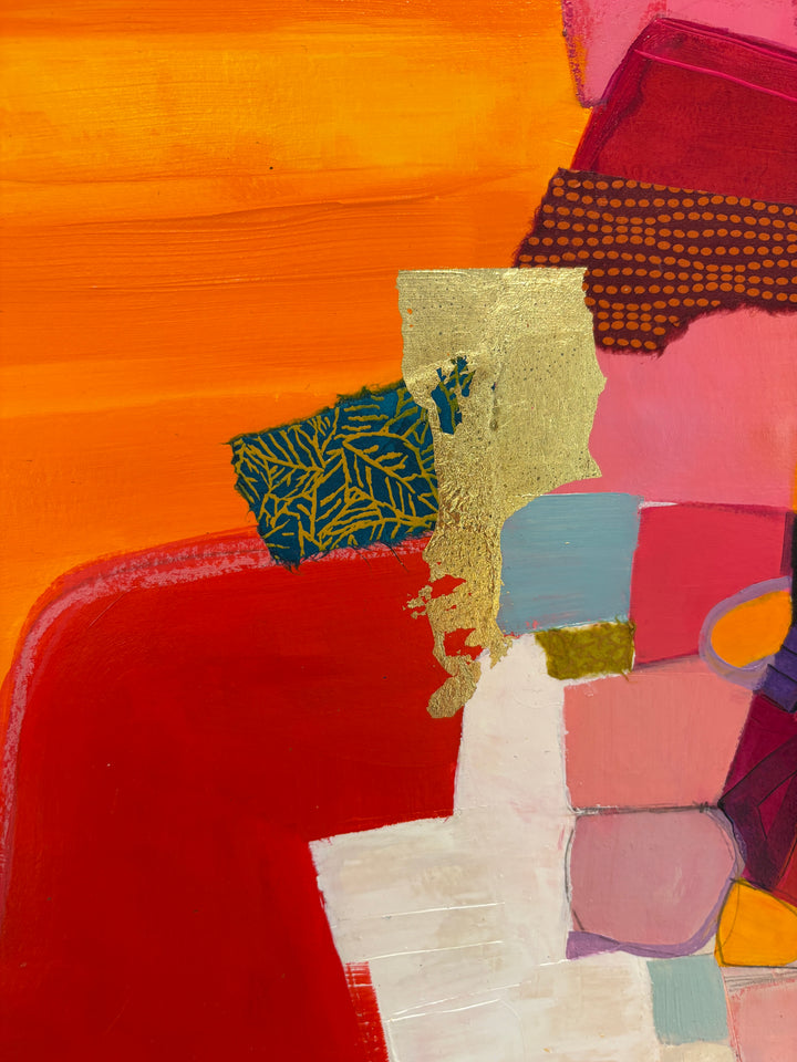 orange and pink abstract collage with paint marker fabric gold leaf foil graphite acrylic stacked shapes 