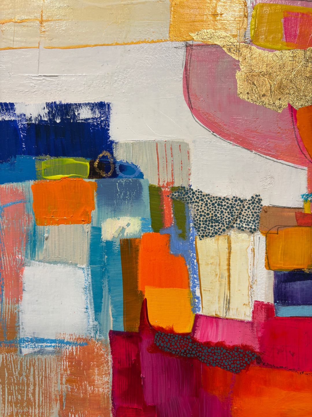multicolor collage of acrylic paint, fabric, graphite, gold leaf, foil, patterns square shapes tacked on white background textured