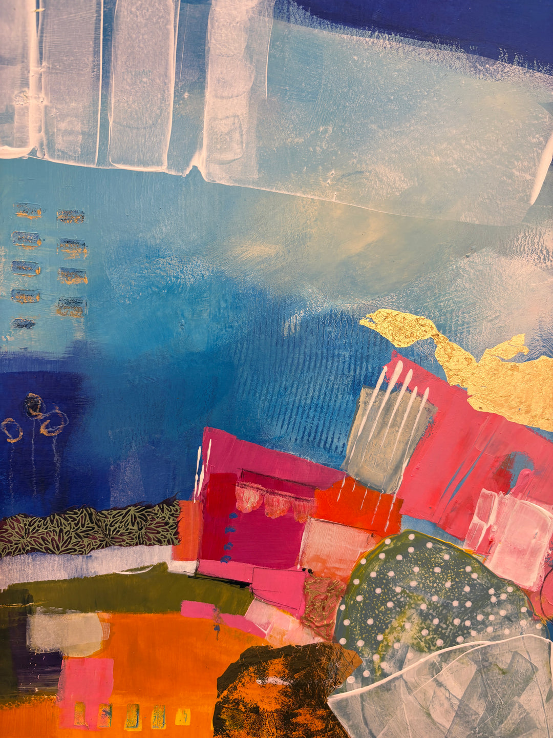 abstract collage expressionist pattern and mark making with paper fabric gold leaf acrylic paint and graphite stacked and overlapping transparent glazes on blue cloudy background