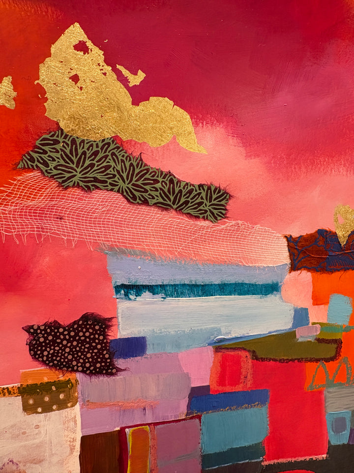 abstract organic shapes collage of paper fabric paint gold leaf graphite pastel drawing on pink cloudy background