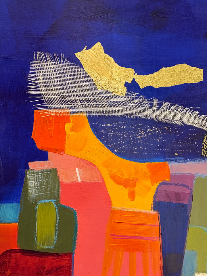abstract organic shapes in bright colors lower half of composition with white fabric net collage above and gold leaf foil on dark blue washy background