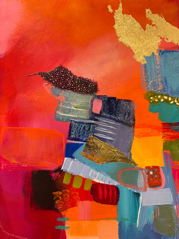 abstract collage of paint in organic shapes and fabric gold leaf graphite blue squares on pink cloudy background 