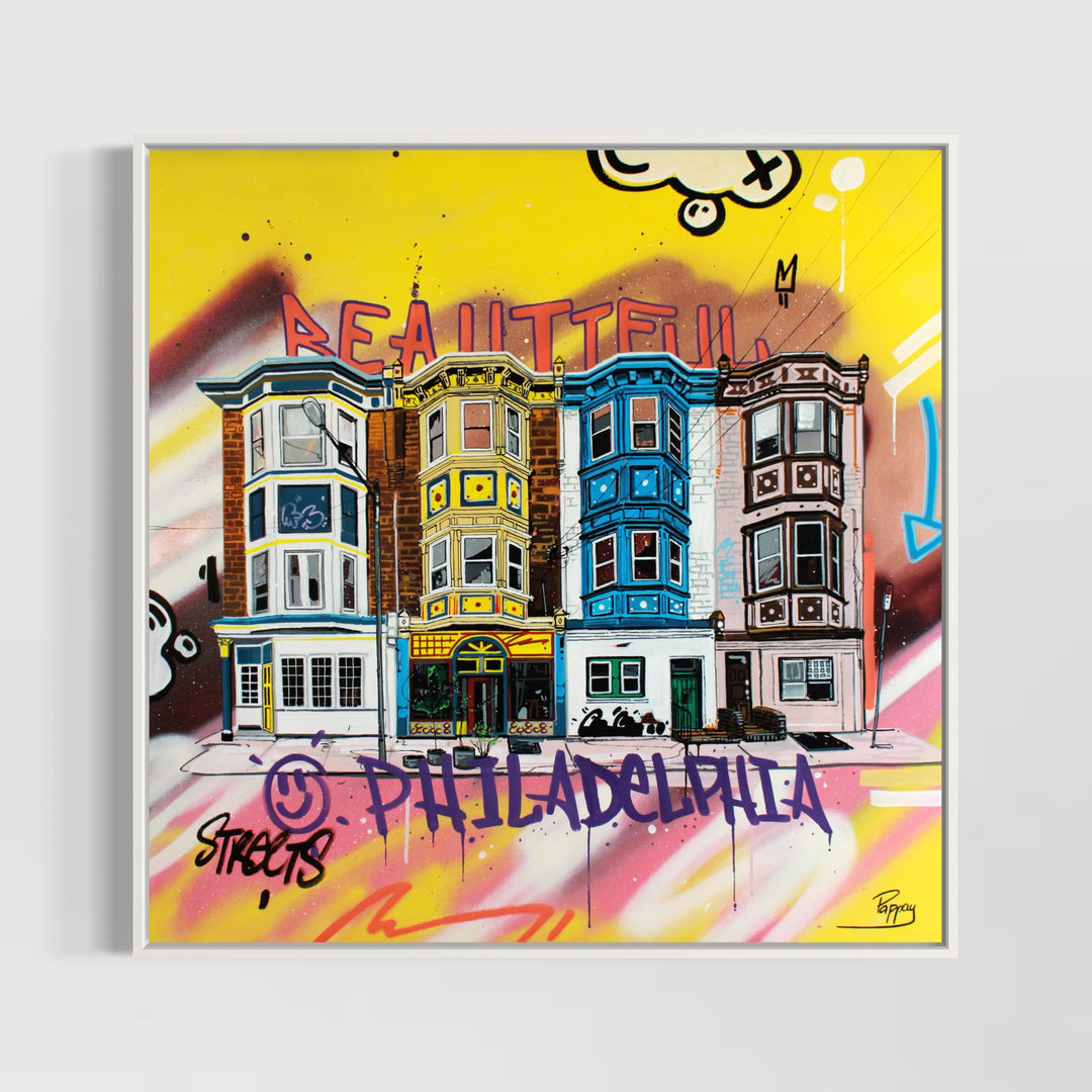 graffiti urban style illustration cartoon building philadelphia cityscape landscape graphic markers and acrylic in bright bold color 